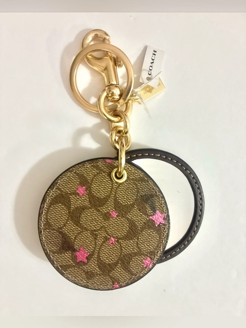 Coach Signature Mirror Bag Charm Keychain With Pink Disco Star Print C6945 NWT